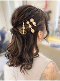 結婚式 二次会 お呼ばれ 編み込みハーフアップ×ゴールドアクセ