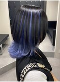 10111黒髪外ハネシャギーボブネイビーブルーインナーカラー