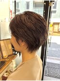 ロングショートワンカールパーマカーキグレージュ前髪錦糸町