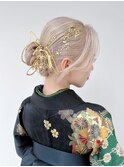 袴ヘア卒業式ヘア水引きヘア金箔アレンジ水引きロング K0919