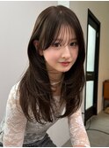 ロングレイヤーショコラグレージュ顔周り前髪カットハッシュ