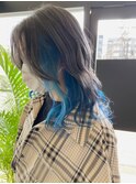 くすみブルー/斜めバング/デザインカラー/マッシュパーマ千葉