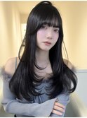 ブルーブラック艶髪美髪ロングレイヤーワイドバング透明感