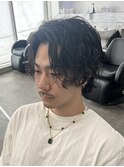 渋谷シャドウパーマメンズカットセンターパートウルフ30代