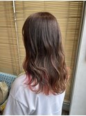 夏カラーインナーカラーセミロング×柔らかベージュ