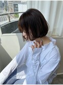 大人レイヤーボブフルバングレッドブラウン丸みショートボブ