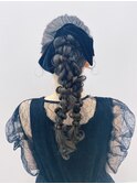 ツインポニーテール編みおろしアレンジ/ベロアリボン/もみあげ