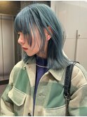 ハッシュボブ/ボブルフ/レイヤーボブ/ターコイズカラー