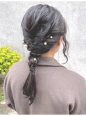 お呼ばれヘアセット　黒髪編み下ろしアレンジ