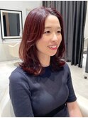 レイヤーカット*前髪なし*センターパート*ピンクブラウンカラー