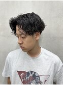 センターパート+波巻きパーマ