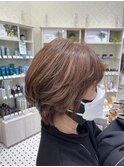 脱白髪染め　ピンクベージュ　ショート　白髪ぼかし