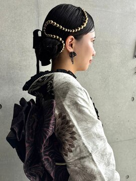 セル(CELL) 成人式ヘアセット　パール　リボン　タイトアレンジ　着物ヘア