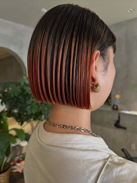 ハウ 心斎橋(how) アプリコットオレンジハイライトブリーチカラーぱつっとミニボブ