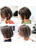 【赤味なし、根元も白髪も目立たない】ハイライト・ショートボブ