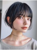 イメチェン　外はね　ボブ　美髪　ワイドバング　ブルーブラック