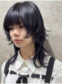 ダークネイビーカールミディアムウルフ