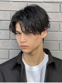 センターパート6:4アップバング7:3緩め波巻きスパイラルパーマ