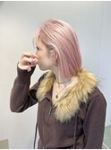 ミルクティーピンクグレージュミディアムウルフレイヤー長めボブ