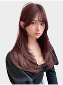 韓国ヘア  ラズベリーピンク レイヤーカット シースルーバング