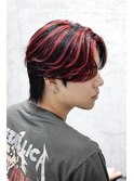レッドメンズハイライトカラーセンターパートウルフ