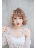 小顔セミウェットウェーブピンクベージュハイライトカラー