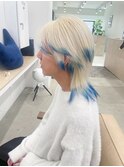 エンドカラーブルー/ケアブリーチ抜きっぱなし/裾デザインカラー