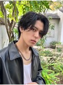 メンズダークアッシュニュアンスパーマ韓国マッシュウルフカット
