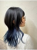 ロングウルフ☆前髪ありインナーカラーブルーカラーNAMI 渋谷