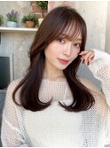 シャギーレイヤーロング韓国ワンホンヘアシースルーぱっつん前髪