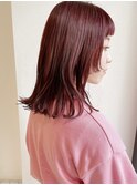 ピンクカラー　ロブヘア　顔まわりカット　草加