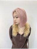 ミルクティーピンクグレージュミディアムウルフレイヤー長めボブ