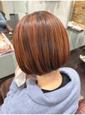 丸みボブ・オレンジベージュハイライトカラー