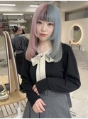 ツートンカラーピンク、水色（ブリーチ２回以上）