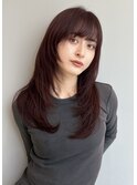顔まわりレイヤー/チェリーブラウン/ミディアムレイヤー/前髪