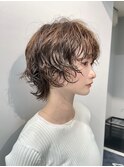 姫カットレイヤーマッシュショートウルフパーマアッシュベージュ