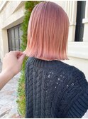 村上/コーラルピンクブリーチ透明感切りっぱなしボブ外ハネ20代