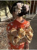 成人式 振袖着付け ヘアセット 花モチーフ×ゴールド