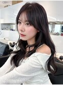 ロング黒髪前髪カット顔周りレイヤー韓国ヘア_F51312