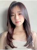 うるツヤ艶感薄めバング美髪ハイライトカラーエアリーカール
