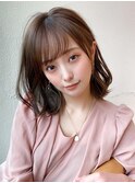 ミニウルフ前髪パーマ韓国くびれミディアムチェリーブラウン