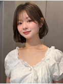 大人可愛いワンカールボブヘア似合わせシースルーバングオリーブ