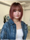 レイヤー外ハネボブイメチェンワイドバング美髪チェリーレッド2