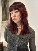 ワインレッド レイヤー 前髪カット ブリーチなしダブルカラー