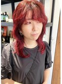 大人可愛いチェリーレッド×無造作ウルフヘアー【二子玉川】