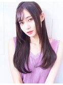 ピンクベージュ・シースルー前髪バング・レイヤーロング