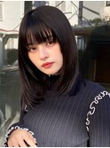 暗髪 黒髪ミディアムレイヤースタイル 韓国ヘア ワイドバング