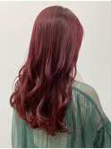 レッドカラー ハイトーン 巻き髪ロング 暖色系カラー ブリーチ