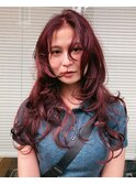 ロングレイヤー艶赤髪デジタルパーマゆるふわパーマニュアンス