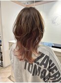 ウルフレイヤーグラデーションインナーカラーピンクベージュ